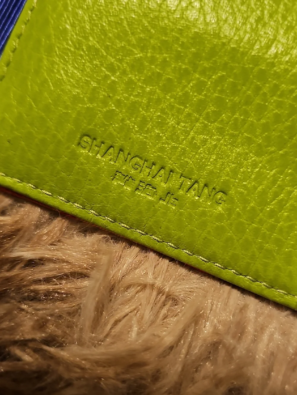 Shanghai Tang Bright Lime & Navy Trifold Wallet with Orange Printed Coin Pouch